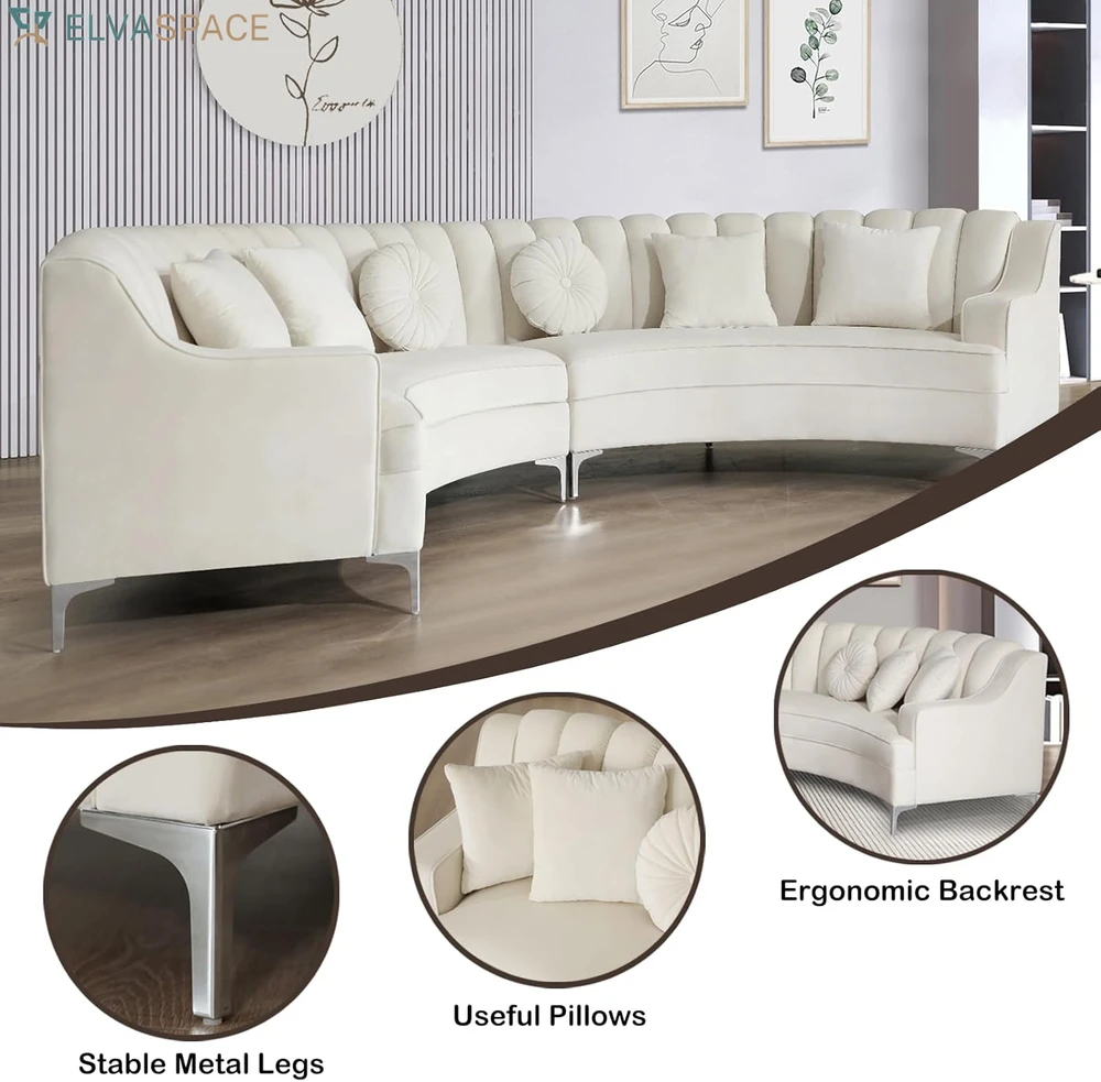 Semicircle Modular Curved Velvet Sectional Sofa, Modern Cloud-Like for Living Room Apartment Office Conference Space