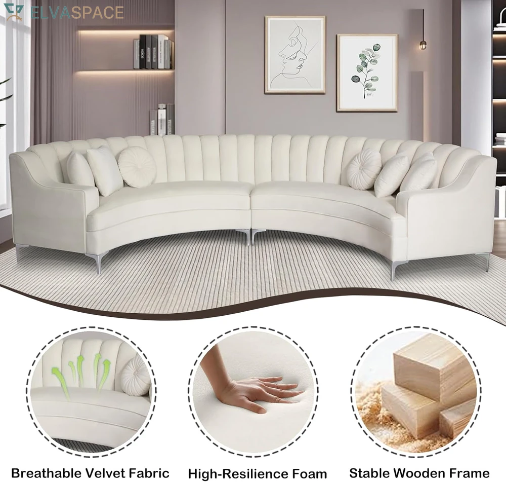 Semicircle Modular Curved Velvet Sectional Sofa, Modern Cloud-Like for Living Room Apartment Office Conference Space