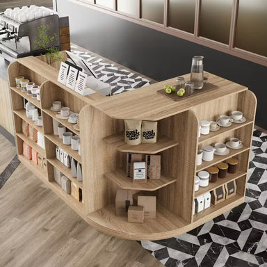 70.9 In. L-Shaped Natural Wood 3-Drawer Desk with Reception Desk, 15 Open Shelves, Cabinet and Cable Management