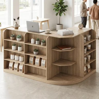70.9 In. L-Shaped Natural Wood 3-Drawer Desk with Reception Desk, 15 Open Shelves, Cabinet and Cable Management
