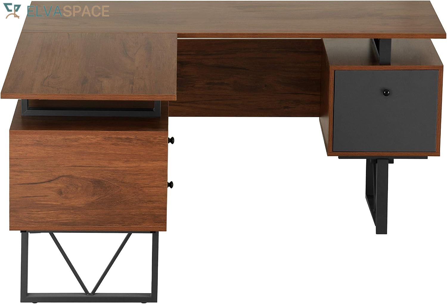 Reversible L-Shaped Computer Desk with File Cabinet, Brown | Drawers, Ideal for Home Office, Workspace Organization, Modern Design, Everyday Use