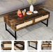 46" Rattan Coffee Table with Metal Frame, Center Rectangular Tables with 2 Drawers, Wooden Small Media Table for Home Living Room, Brown