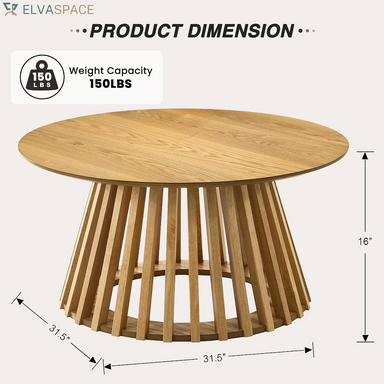 Natural round Coffee Table, Wood 31.5" Center Table for Living Room | Modern Mid Century Circle Coffee Table with Fluted Base for Outdoor Patio, Home Small Space, Bedroom, Apartment, Studio