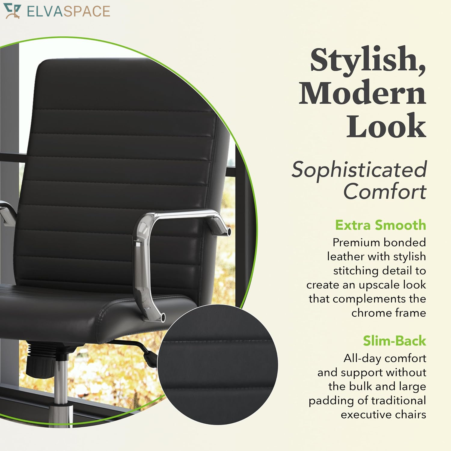 Sadie Executive Ergonomic Office Chair with Leather Upholstery, Chrome Arms and Back Support, Mid Back Desk and Computer Chair for Home Office or Conference Room, 360 Swivel, Black