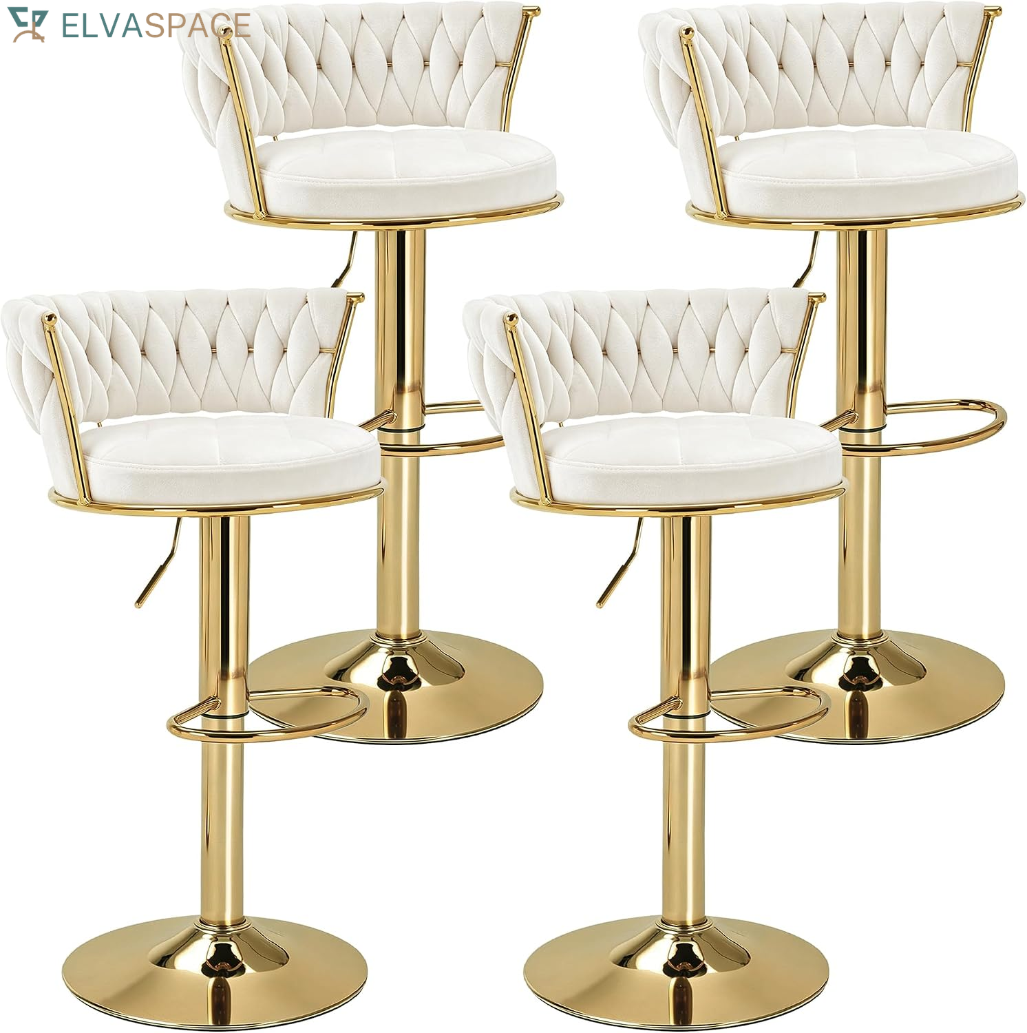 Bar Stools Set of 2, Adjustable Barstools Counter Height Stools with Back and Arm, Velvet Woven Kitchen Island Stools W/Gold Metal Leg & Base, 360° Swivel Bar Chair for Pubs Dining Room, White