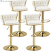 Bar Stools Set of 2, Adjustable Barstools Counter Height Stools with Back and Arm, Velvet Woven Kitchen Island Stools W/Gold Metal Leg & Base, 360° Swivel Bar Chair for Pubs Dining Room, White