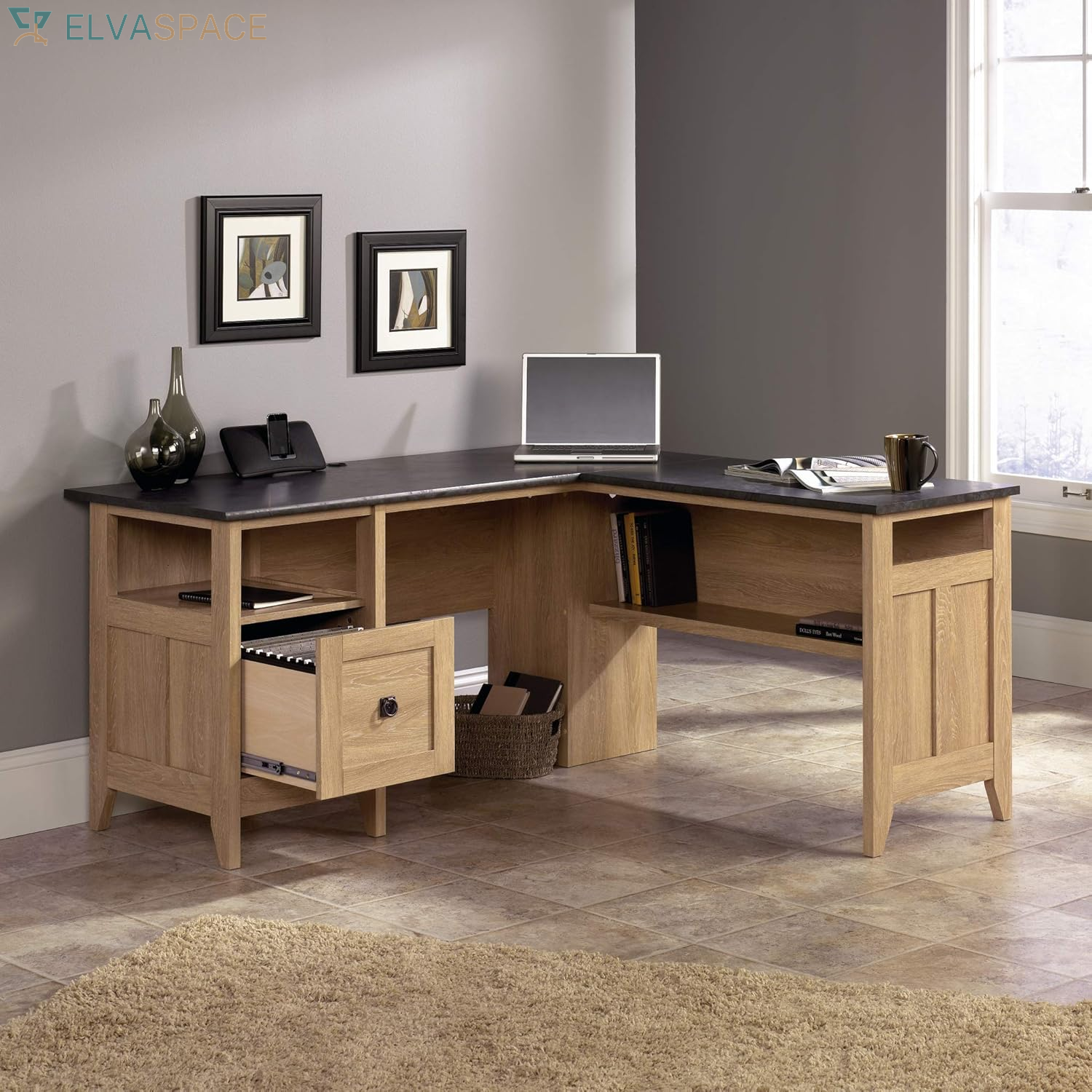 August Hill L-Shaped Corner Desk with Storage Drawer and Open Shelf for Home Office, in Dover Oak Finish