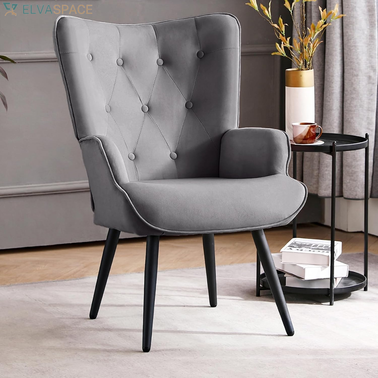 Boucle Accent Chair for Living Room, Upholstered Reading Chair with High Backrest, Tufted-Button Wingback Armchair for Bedroom, Dressing Room, Home Office, Ivory White