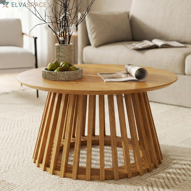 Natural round Coffee Table, Wood 31.5" Center Table for Living Room | Modern Mid Century Circle Coffee Table with Fluted Base for Outdoor Patio, Home Small Space, Bedroom, Apartment, Studio