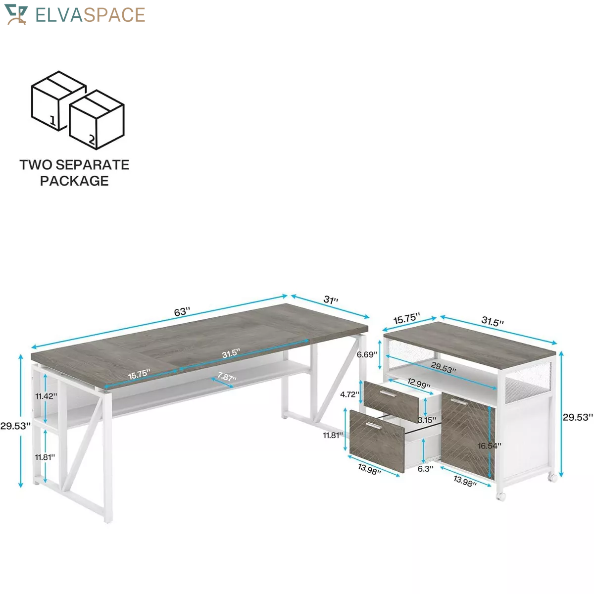 Lantine L Shaped Desk with Drawer Cabinet, 63" Executive Computer Desk and Lateral File Cabinet for Home Office