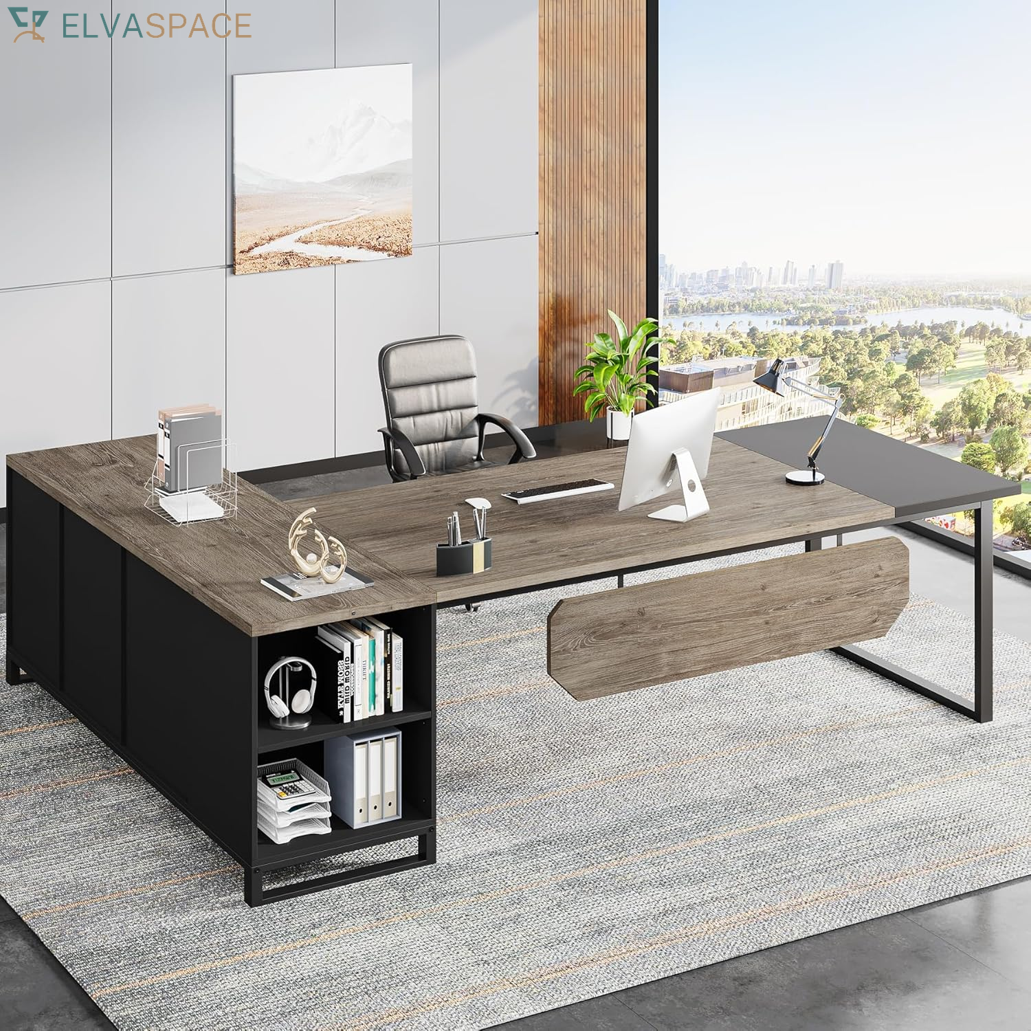 Tribesigns 70.8" Executive Desk with 55" File Cabinet, Industrial L Shaped Computer Desk with Storage Shelves and Cabinet, Large L Shaped Executive Desk for Home Office, Retro Gray & Black