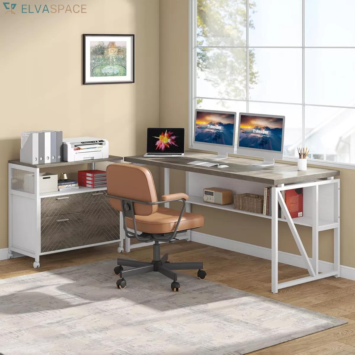 Lantine L Shaped Desk with Drawer Cabinet, 63" Executive Computer Desk and Lateral File Cabinet for Home Office