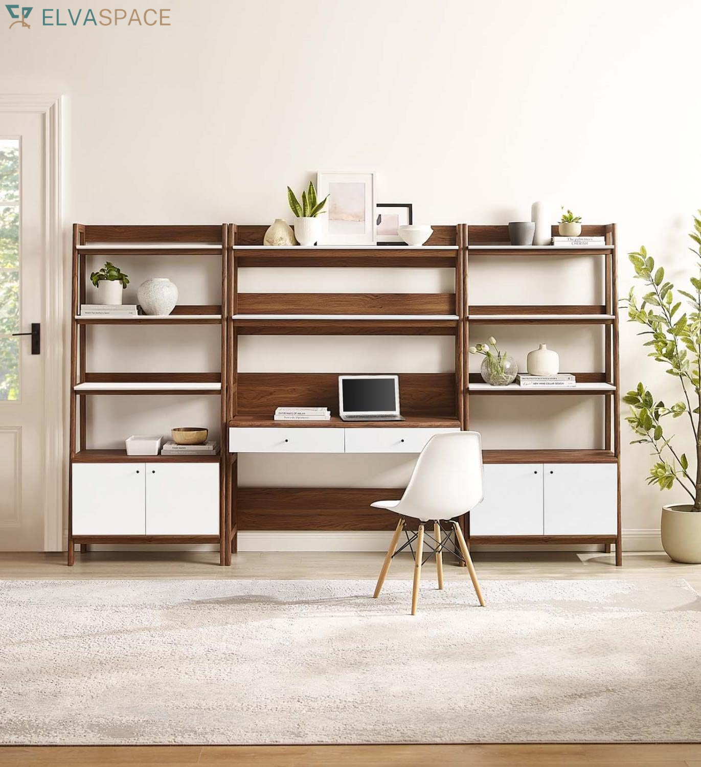 3-Piece Home Office Desk and Bookshelf Display Case in Walnut White