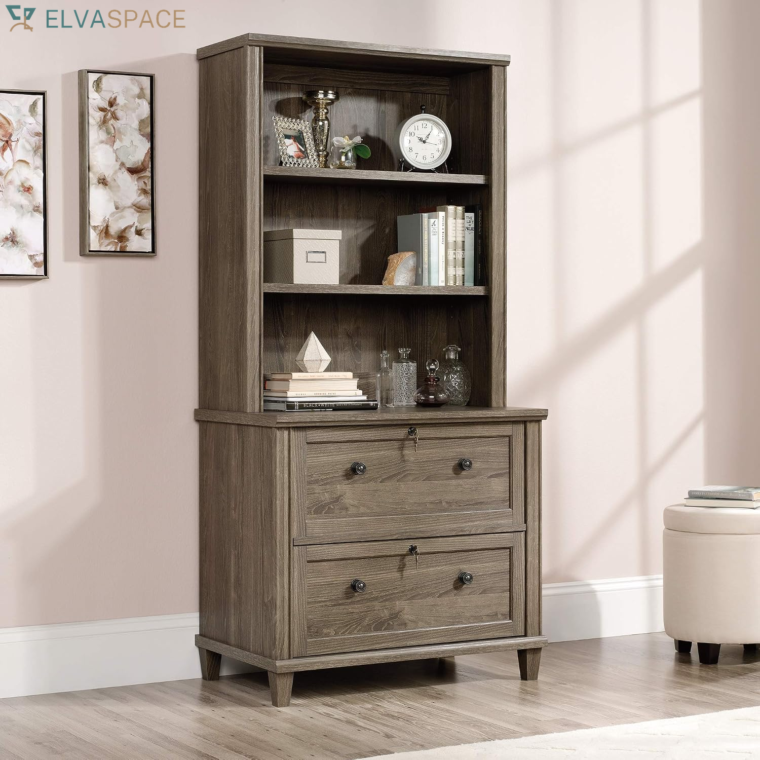 Hammond 2 Drawer Lateral File Cabinet for Home Office, Filing Cabinet with Lock, in Emery Oak