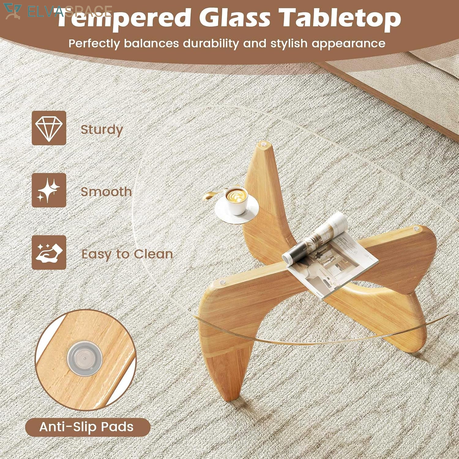 Triangle Glass Coffee Table, Mid-Century Modern Center Table with Tempered Glass Top & Adjustable Rubber Wood Base, Small Coffee Table for Small Spaces, Living Room & Reception Room (Natural)