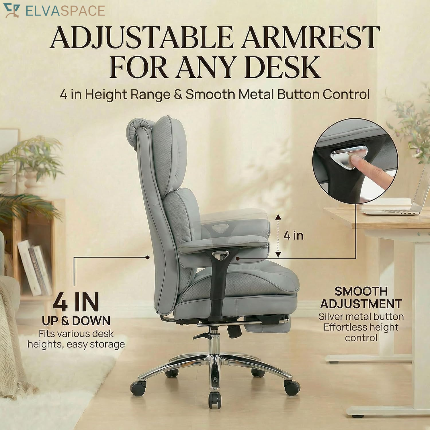 Big & Tall Desk Chair, Wide Executive Office Chair with Footrest Grey