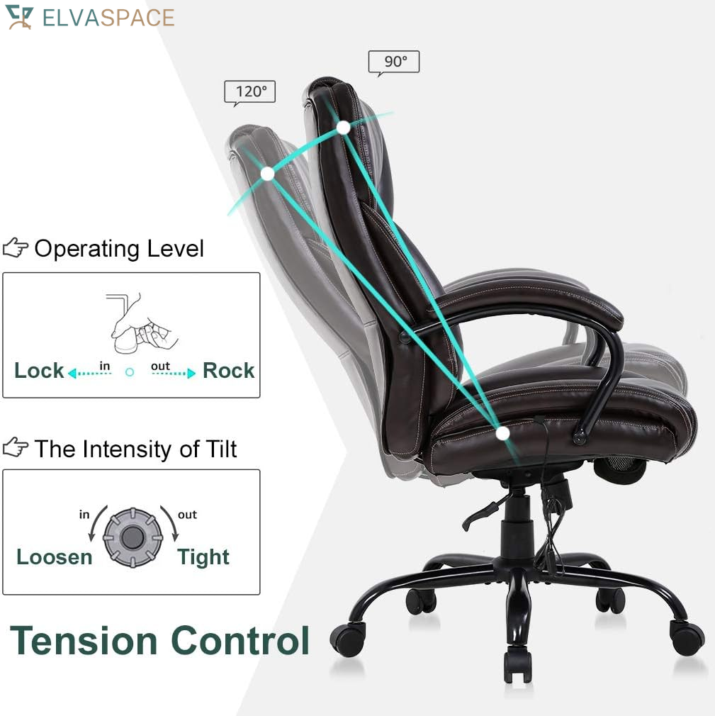Big and Tall Office Chair 500Lb Wide Seat Massage Desk Chair Ergonomic Computer Chair with Headrest Lumbar Support Armrest Rolling Swivel Chair Adjustable PU Leather Task Chair for Adults Women(Brown)