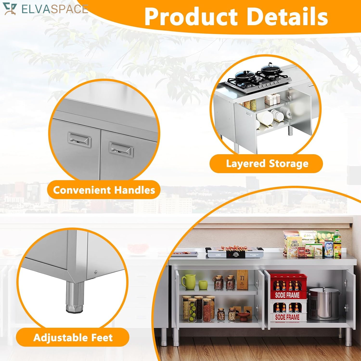 59" X 21" Stainless Steel Prep Table with Cabinet, Commercial Kitchen Table for Prep & Work, Heavy Duty Work Table with 4 Doors for Kitchen, Restaurant, Hotel, Garage and Cafe