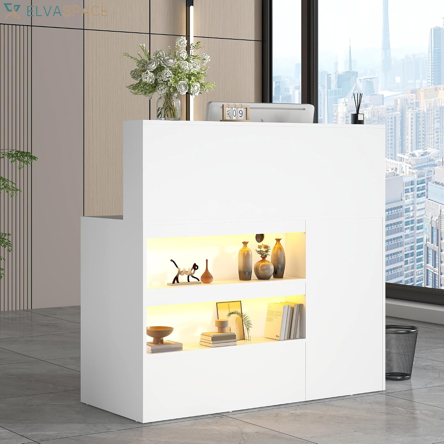 55" Reception Desk with LED Lights Power Outlets,L-Shaped Modern Front Table Reception Room Table with Cable Grommet,Lockable Drawers,Retail Checkout Counter for Lobby,Salon,Home Office Desk,Oak
