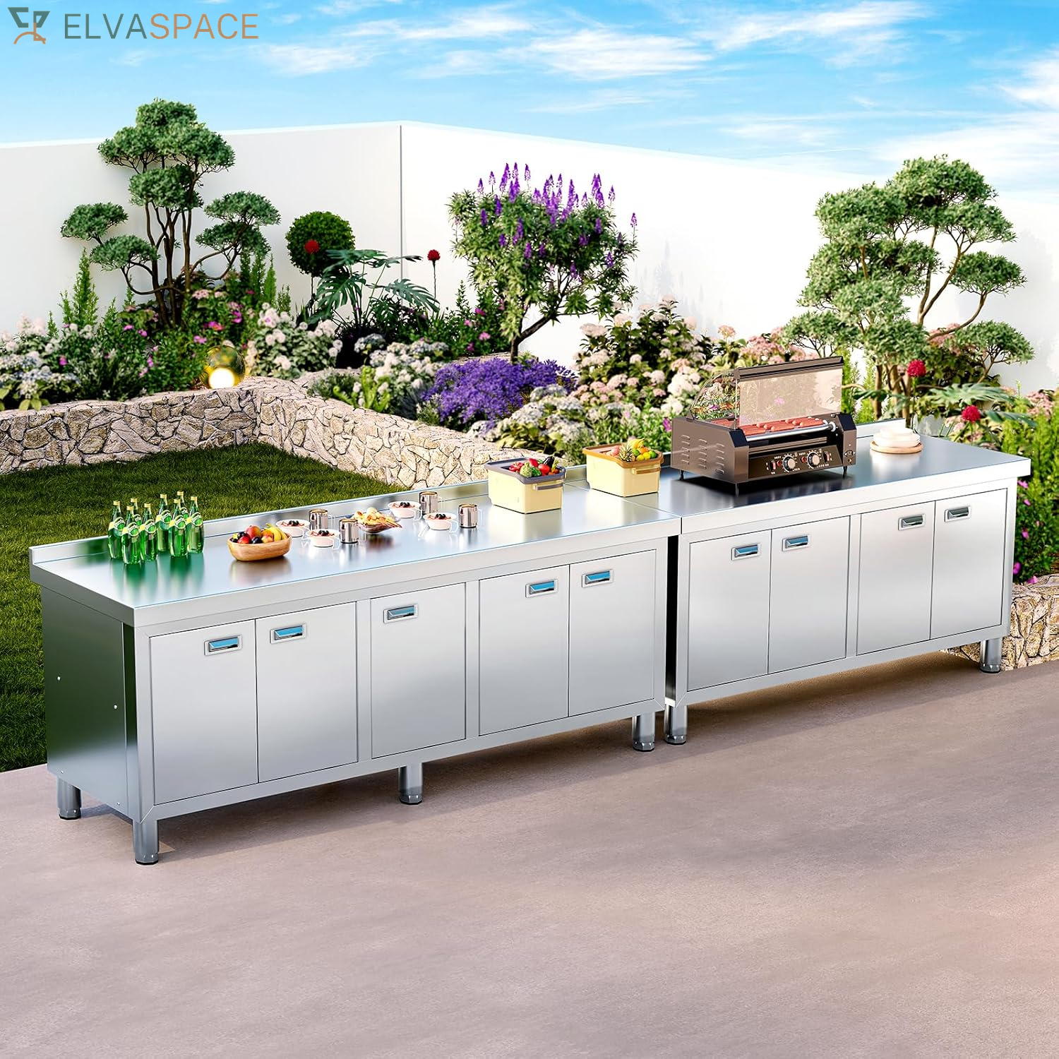 59" X 21" Stainless Steel Prep Table with Cabinet, Commercial Kitchen Table for Prep & Work, Heavy Duty Work Table with 4 Doors for Kitchen, Restaurant, Hotel, Garage and Cafe
