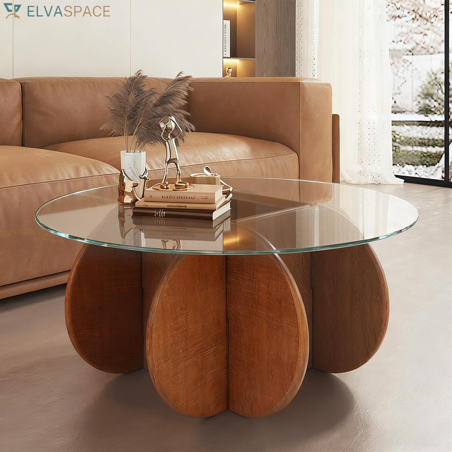 Modern round Coffee Table with Solid Wood Legs,31.5'' Glass Coffee Tables for Living Room Rustic Circle Center Cocktail Table with Tempered Glass-Top,For Small Spaces, Unique | Modern