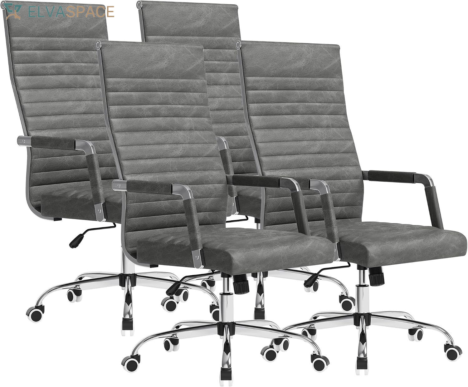 Ergonomic Office Desk Chair, Executive Ribbed Mid-Back PU Leather Conference Room Chair Adjustable Swivel Chair with Arms (1, Orange)