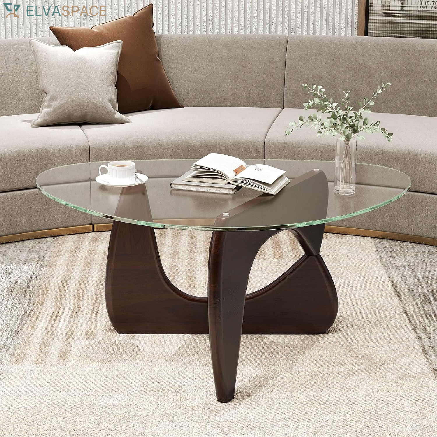 Triangle Glass Coffee Table, Mid-Century Modern Center Table with Tempered Glass Top & Adjustable Rubber Wood Base, Small Coffee Table for Small Spaces, Living Room & Reception Room (Natural)
