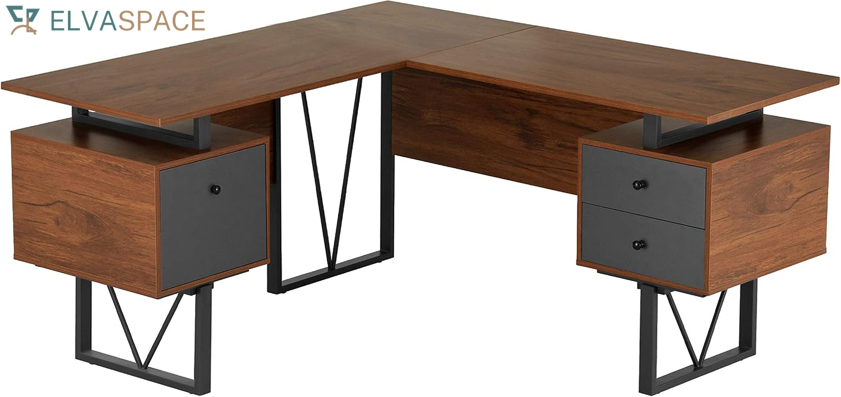 Reversible L-Shaped Computer Desk with File Cabinet, Brown | Drawers, Ideal for Home Office, Workspace Organization, Modern Design, Everyday Use