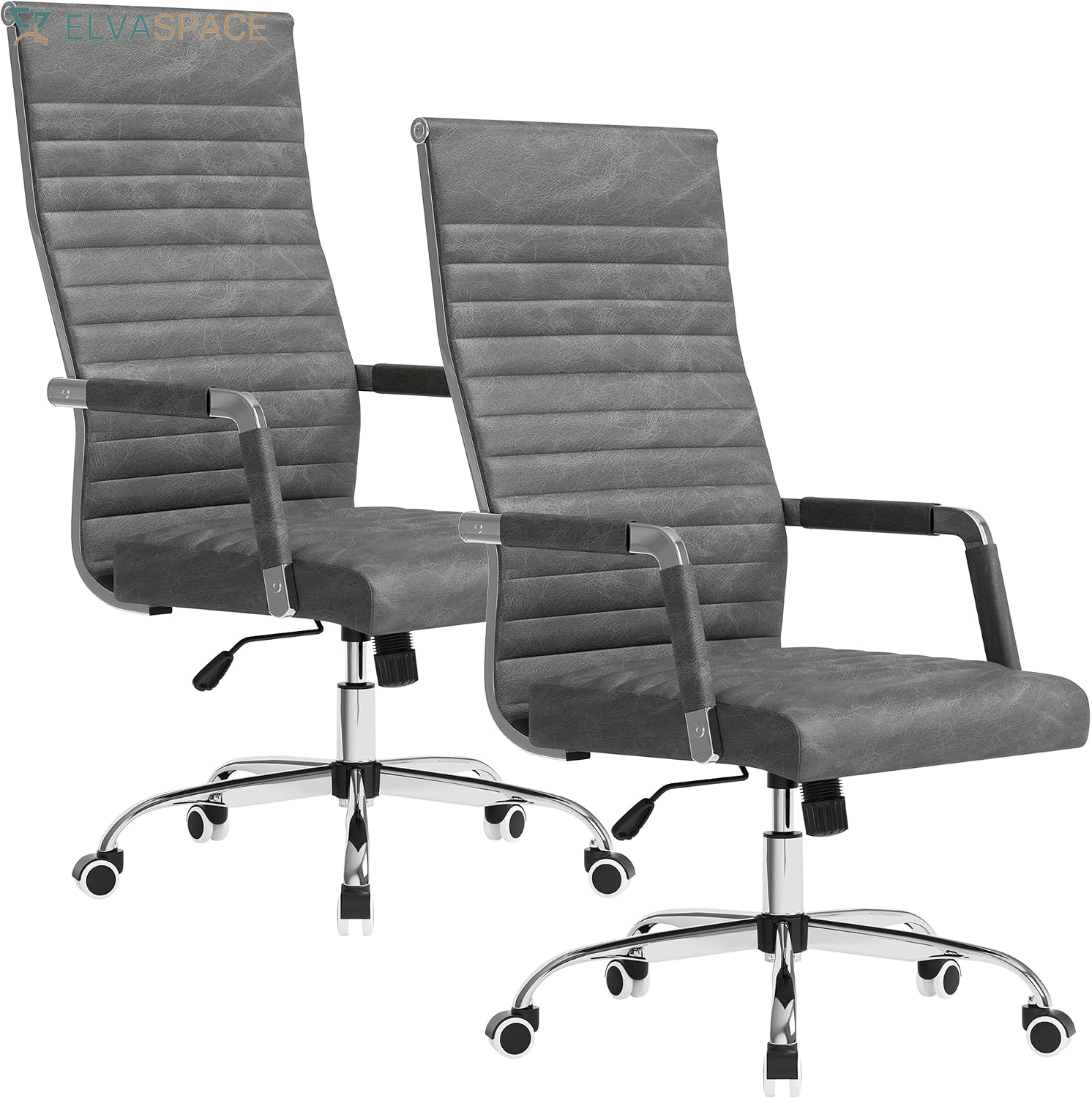 Ergonomic Office Desk Chair, Executive Ribbed Mid-Back PU Leather Conference Room Chair Adjustable Swivel Chair with Arms (1, Orange)