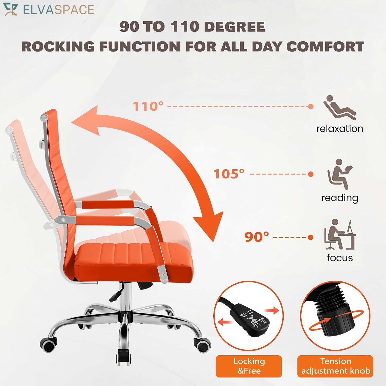 Ergonomic Office Desk Chair, Executive Ribbed Mid-Back PU Leather Conference Room Chair Adjustable Swivel Chair with Arms (1, Orange)