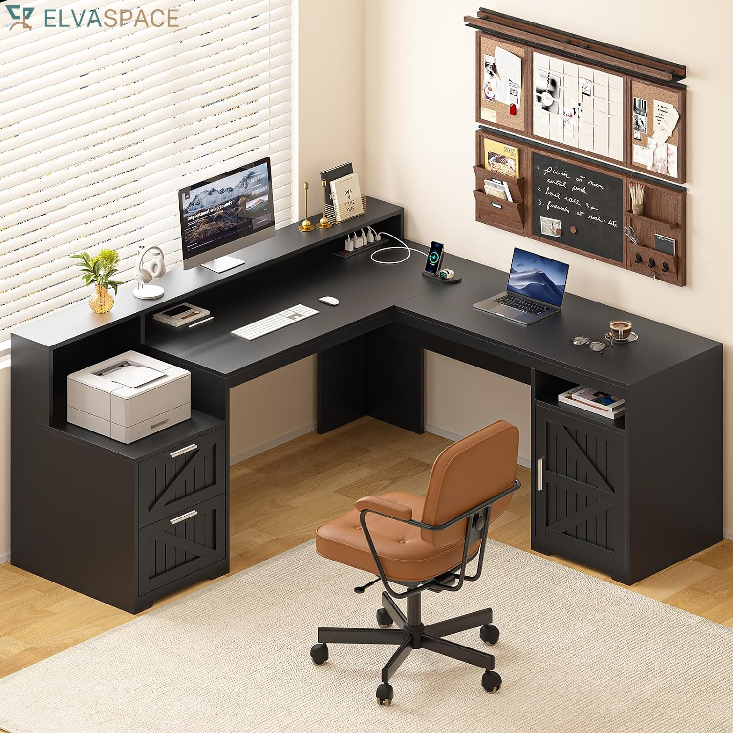 63" Farmhouse L Shaped Executive Desk with Drawers & Storage Shelf, Corner Fluted Computer Desk with Power Outlets, L Shaped Office Desk with Monitor Stand, Printer Shelf