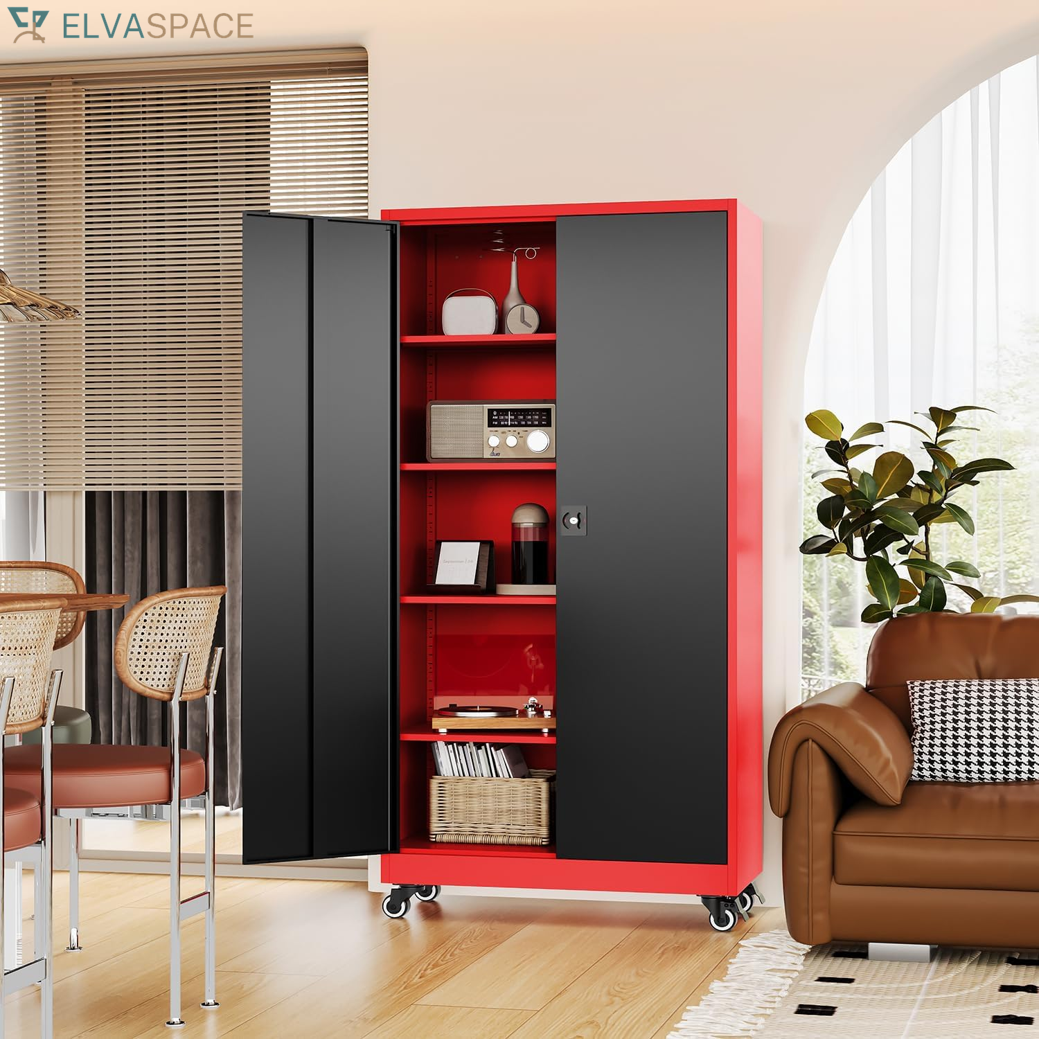 Metal Rolling Storage Cabinet-74.6” Tall Steel File Cabinets with Wheels Lockable Doors and Adjustable Shelves-Black & Red Steel Storage Cabinet for Home, School, Office, Garage