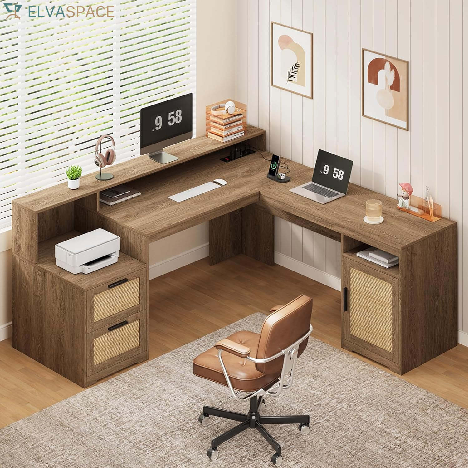 63" Farmhouse L Shaped Executive Desk with Drawers & Storage Shelf, Corner Fluted Computer Desk with Power Outlets, L Shaped Office Desk with Monitor Stand, Printer Shelf