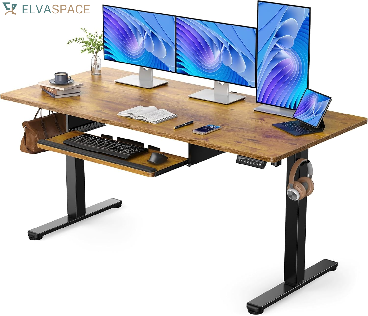 Electric Standing Desk with Keyboard Tray, 44X24, Vintage Brown