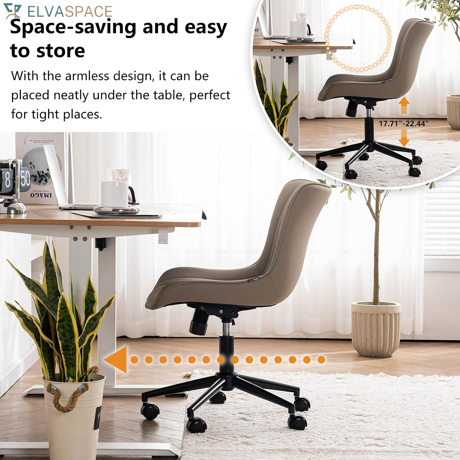 Green Office Desk Chair with Wheels Armless Vanity Chair Modern | Faux Leather Upholstered with Rocking Back, Swivel Height Adjustable Small Cute Computer Rolling Task Chair Ergonomic 300Lb