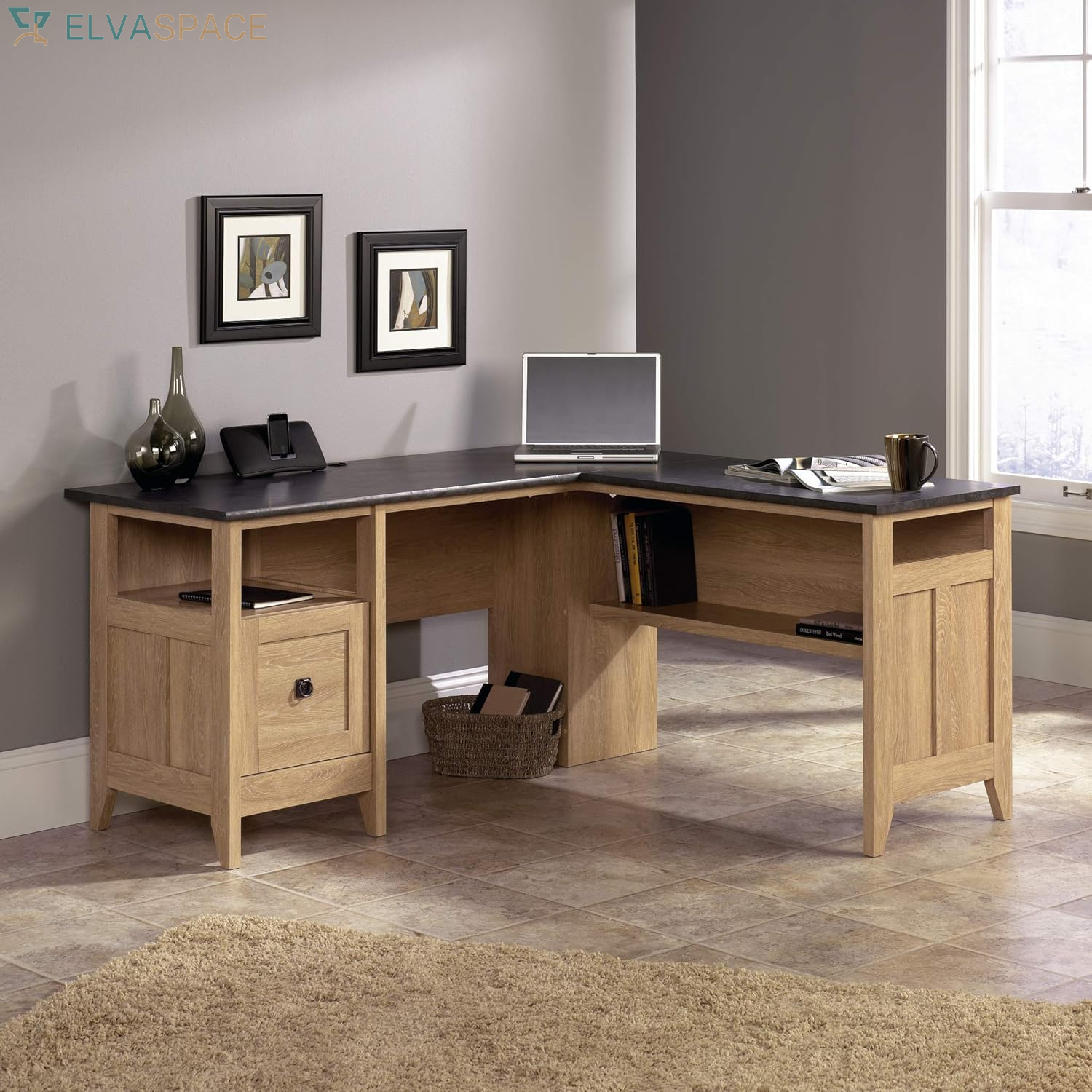 August Hill L-Shaped Corner Desk with Storage Drawer and Open Shelf for Home Office, in Dover Oak Finish