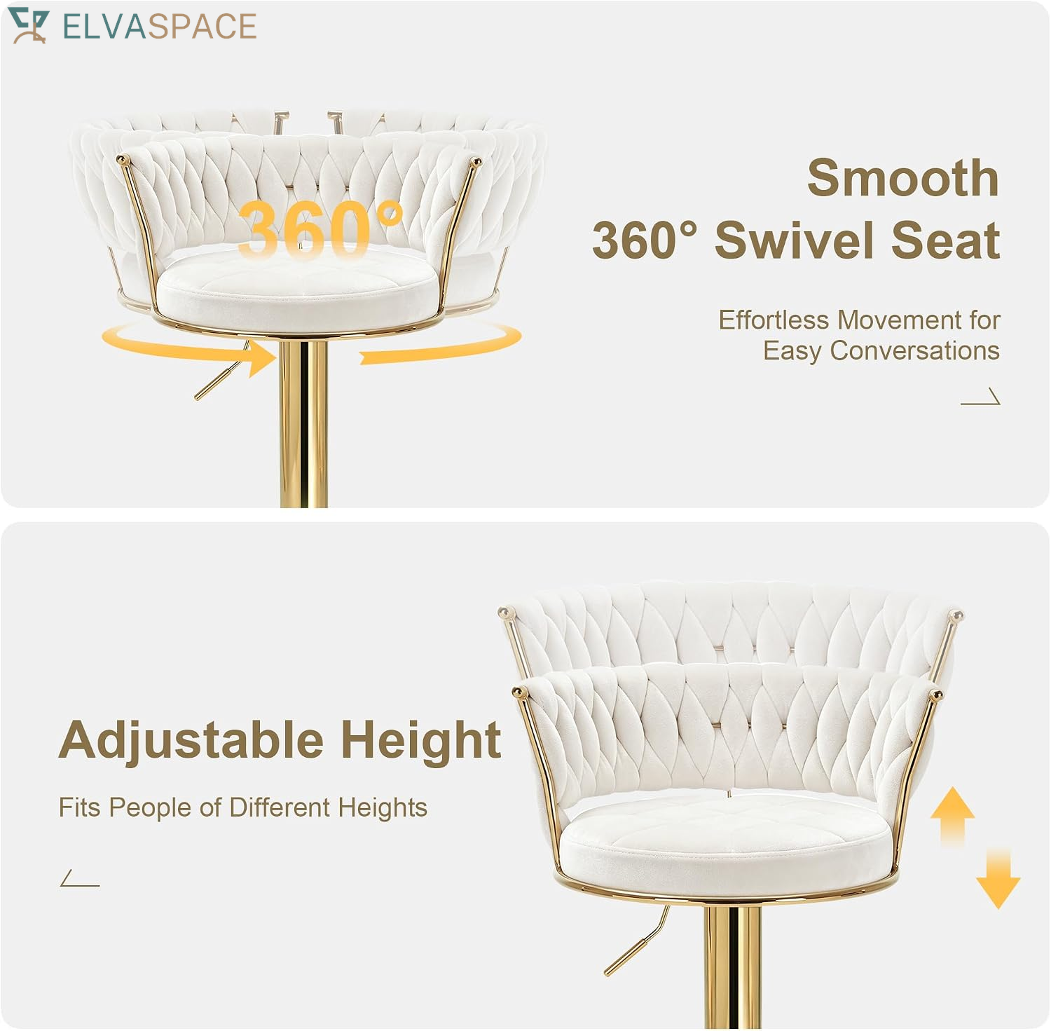 Bar Stools Set of 2, Adjustable Barstools Counter Height Stools with Back and Arm, Velvet Woven Kitchen Island Stools W/Gold Metal Leg & Base, 360° Swivel Bar Chair for Pubs Dining Room, White
