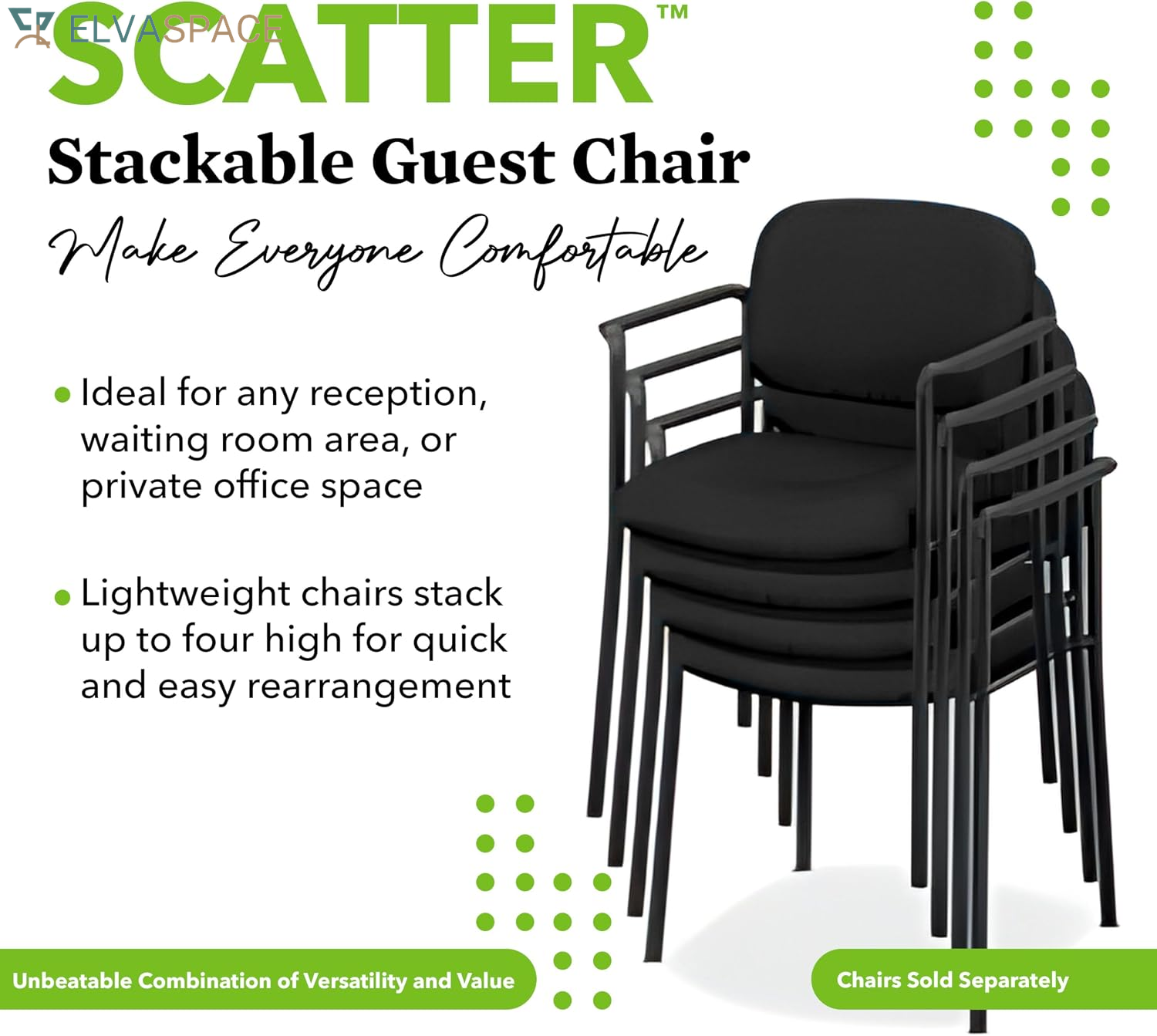 Scatter Guest Office Chair, Armless Leather Seating for Waiting Rooms, Lobbies, Conference Areas, and Offices, Stackable Side Chair for Reception and Training Spaces, Black