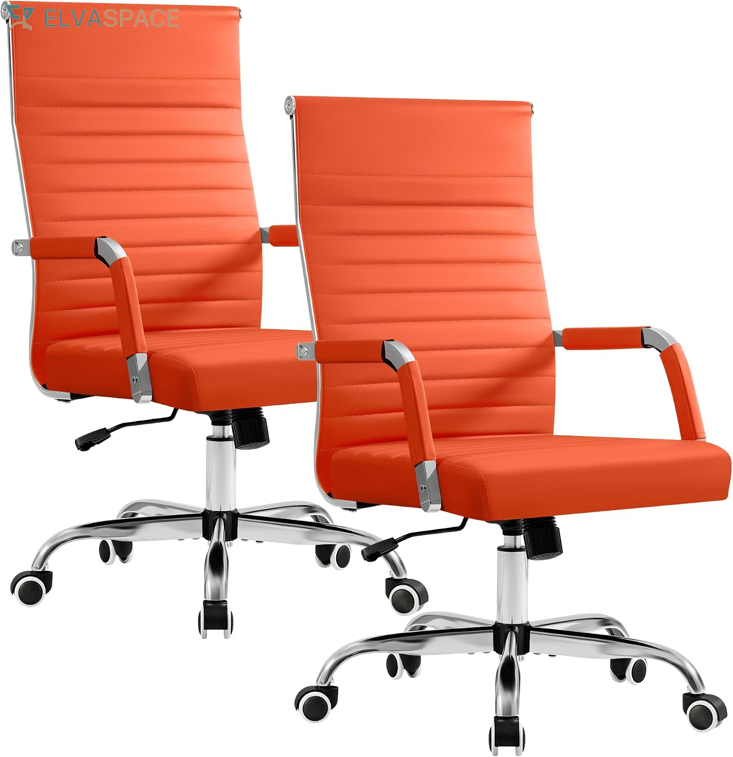 Ergonomic Office Desk Chair, Executive Ribbed Mid-Back PU Leather Conference Room Chair Adjustable Swivel Chair with Arms (1, Orange)