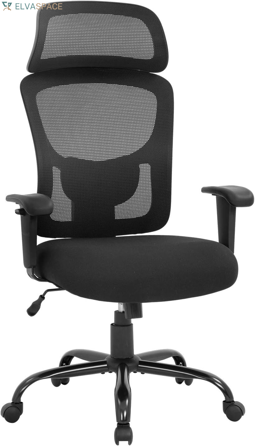 Big and Tall Office Chair Ergonomic Chair 400Lbs Wide Seat Executive Desk Chair with Lumbar Support Adjustable Armrest Headrest High Back Mesh Computer Chair Rolling Swivel Task Chair(Black)
