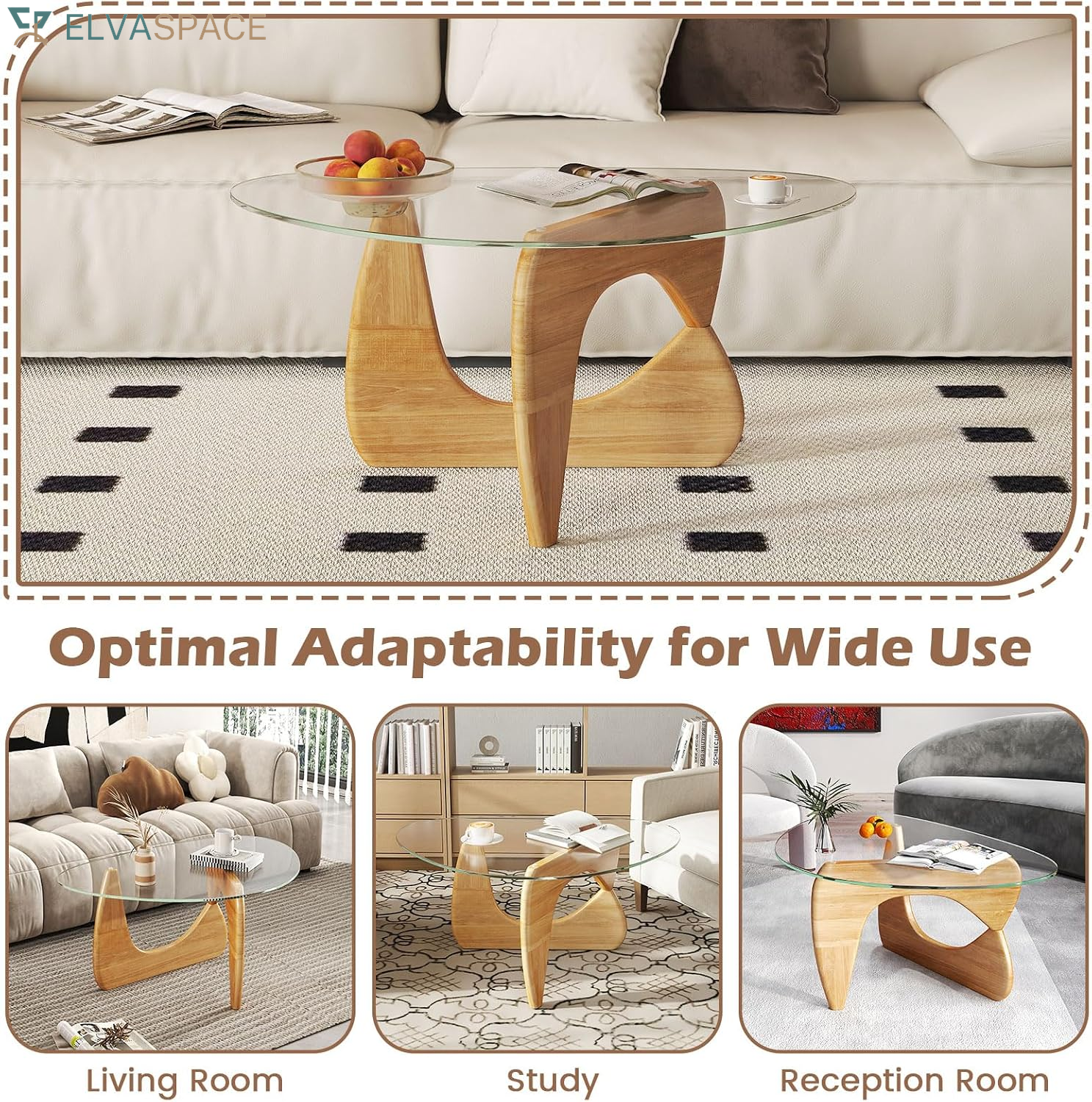 Triangle Glass Coffee Table, Mid-Century Modern Center Table with Tempered Glass Top & Adjustable Rubber Wood Base, Small Coffee Table for Small Spaces, Living Room & Reception Room (Natural)