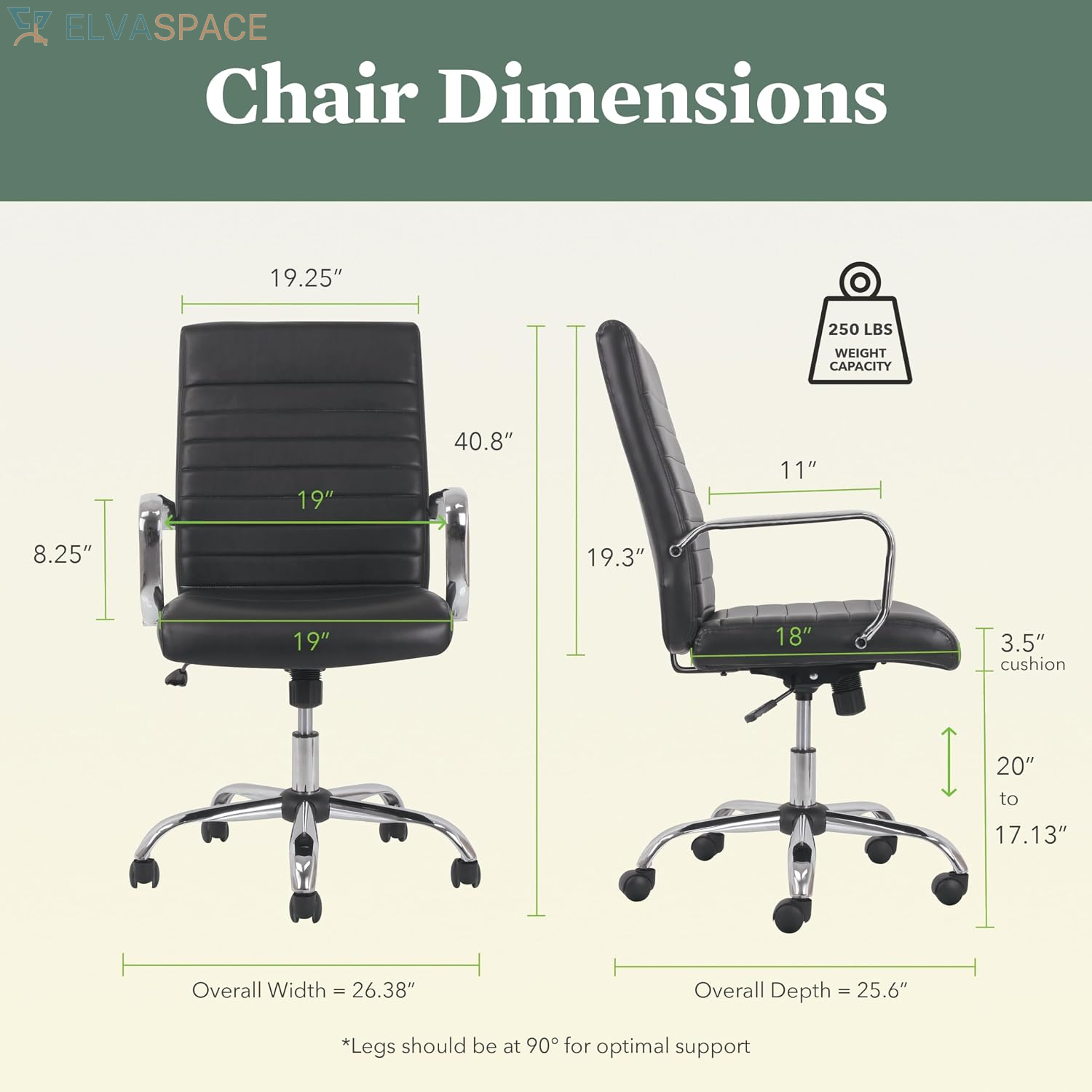 Sadie Executive Ergonomic Office Chair with Leather Upholstery, Chrome Arms and Back Support, Mid Back Desk and Computer Chair for Home Office or Conference Room, 360 Swivel, Black