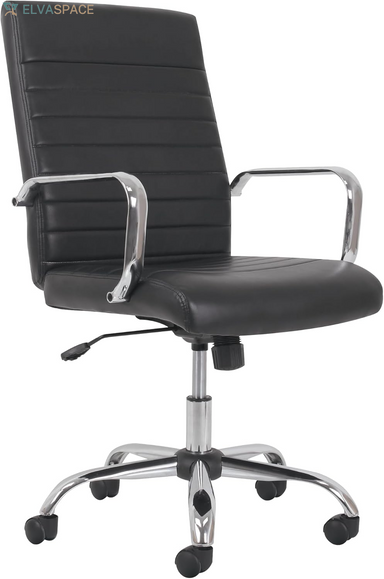 Sadie Executive Ergonomic Office Chair with Leather Upholstery, Chrome Arms and Back Support, Mid Back Desk and Computer Chair for Home Office or Conference Room, 360 Swivel, Black