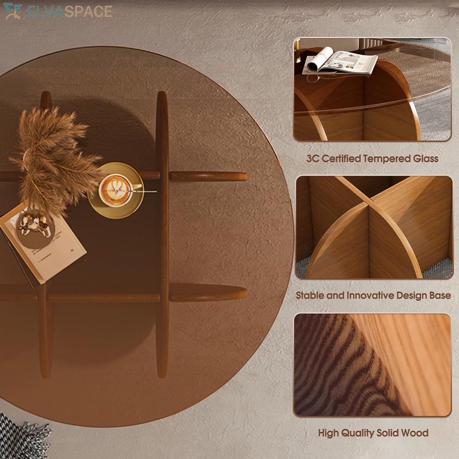 Modern round Coffee Table with Solid Wood Legs,31.5'' Glass Coffee Tables for Living Room Rustic Circle Center Cocktail Table with Tempered Glass-Top,For Small Spaces, Unique | Modern