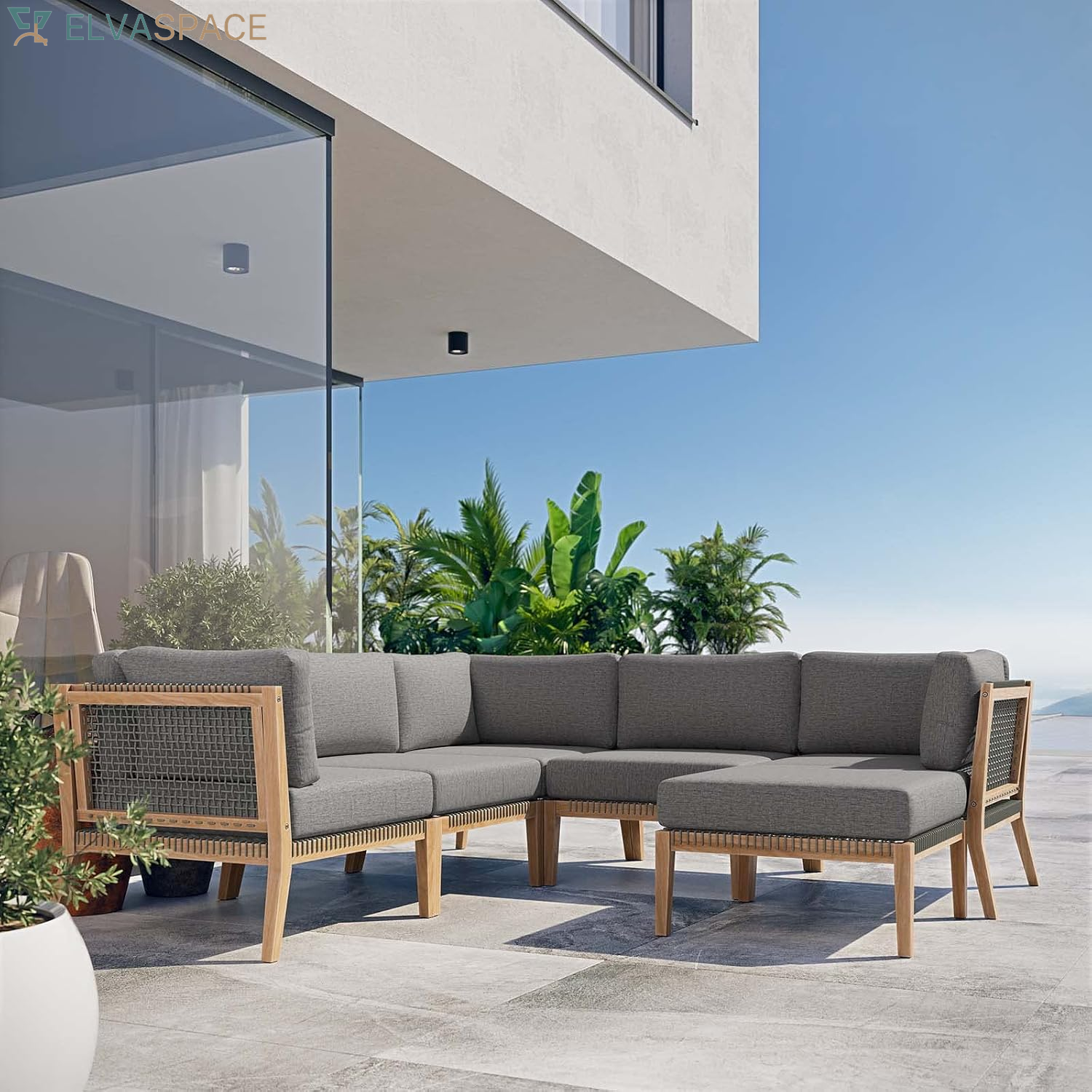 Clearwater Outdoor Patio Teak Wood 6-Piece Sectional Sofa in Gray Graphite