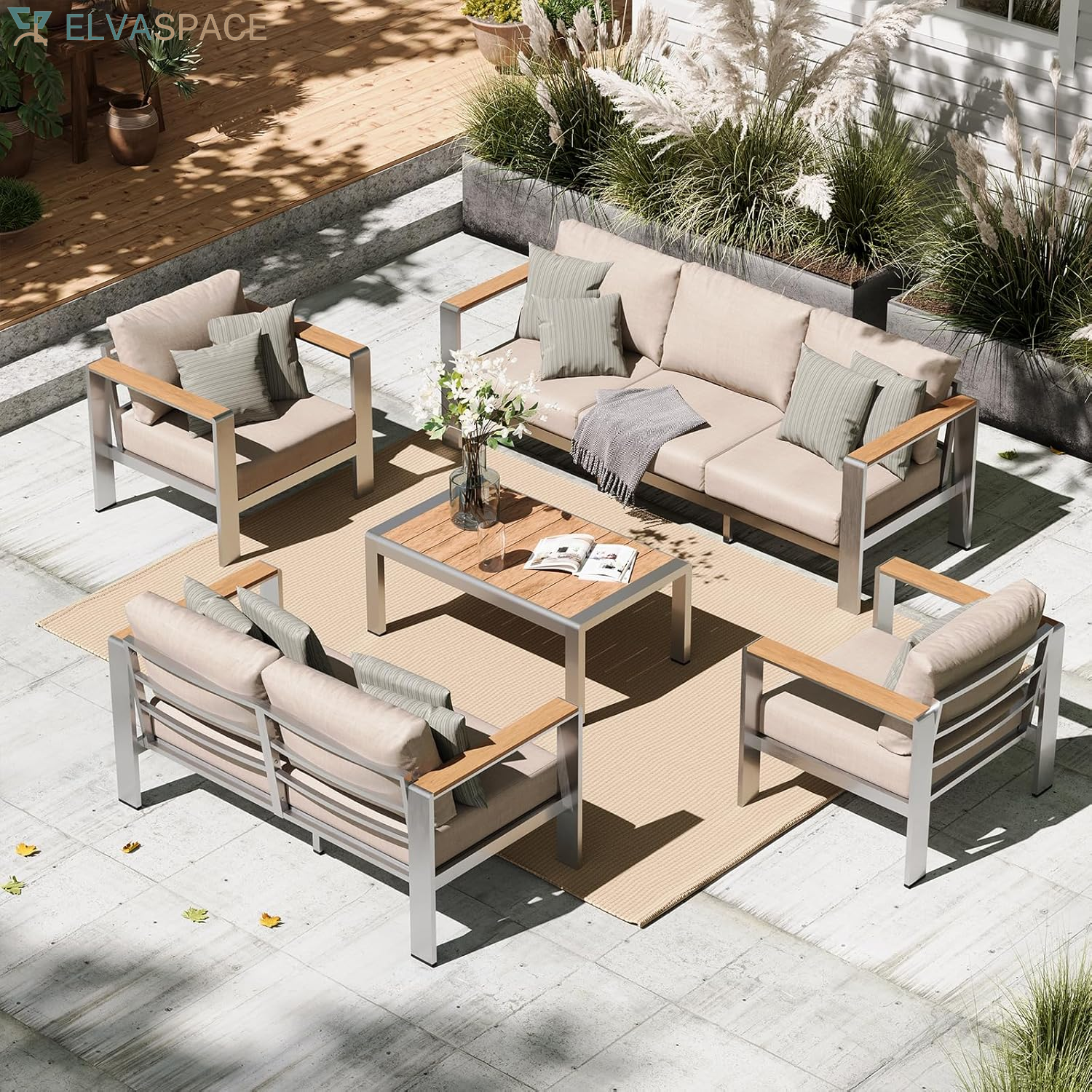 Aluminum Outdoor Patio Furniture Set with Coffee Table, 5 Piece Patio Conversation Sets, Outdoor Sectional Furniture for Porch, Balcony, Yard, Gray