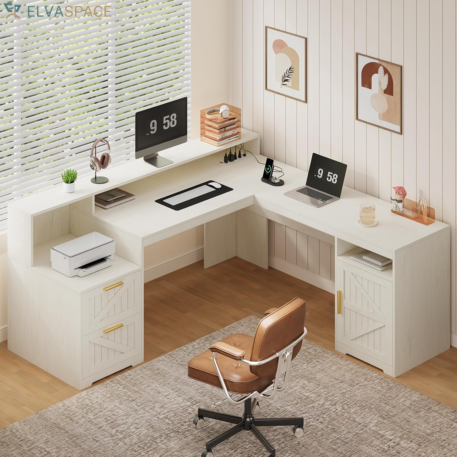 63" Farmhouse L Shaped Executive Desk with Drawers & Storage Shelf, Corner Fluted Computer Desk with Power Outlets, L Shaped Office Desk with Monitor Stand, Printer Shelf