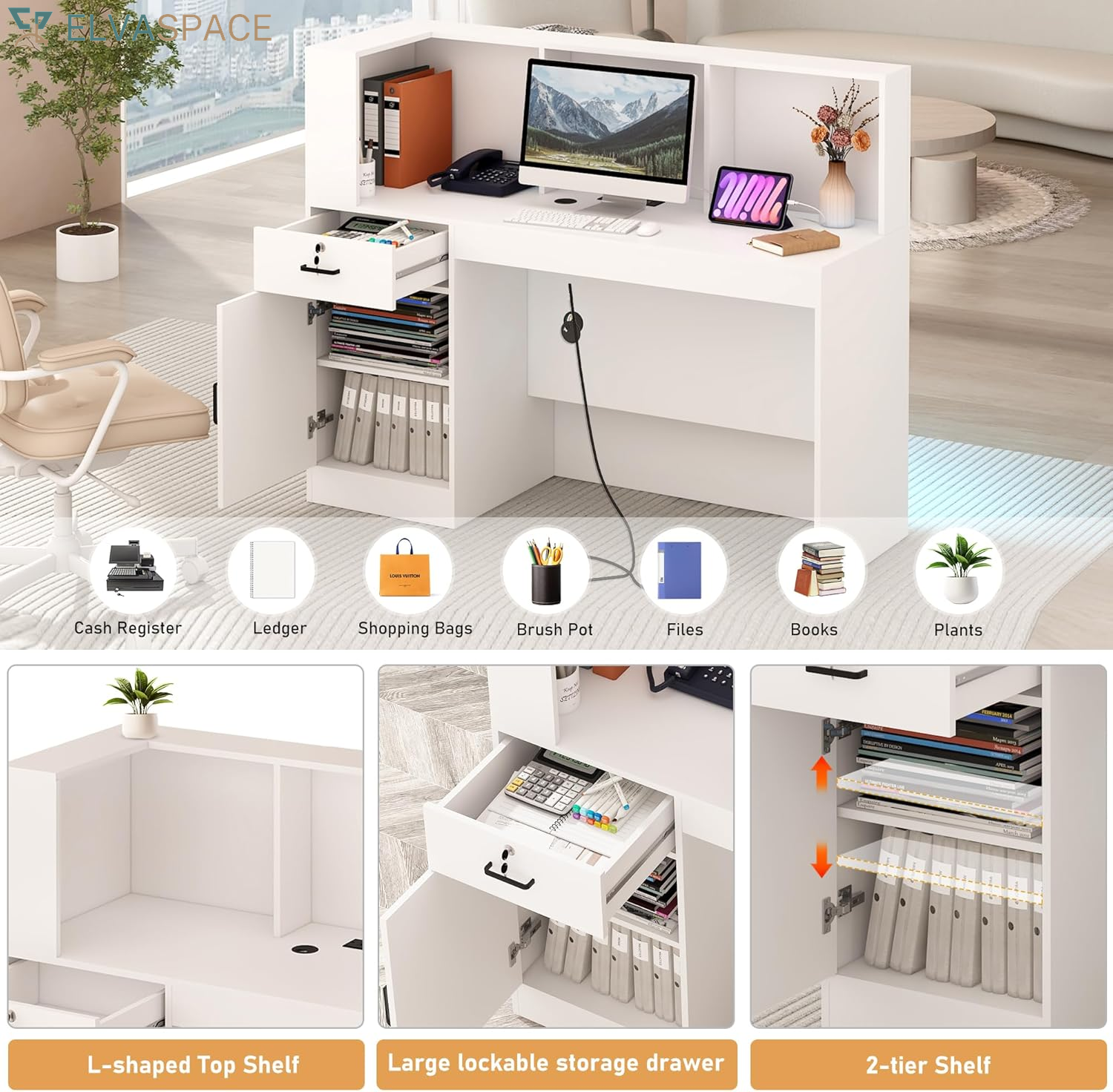 47" Reception Desk with LED Lights Power Outlets,L-Shaped Modern Front Table Reception Room Table with Cable Grommet,Lockable Drawers,Retail Checkout Counter for Lobby,Salon,Home Office Desk,White