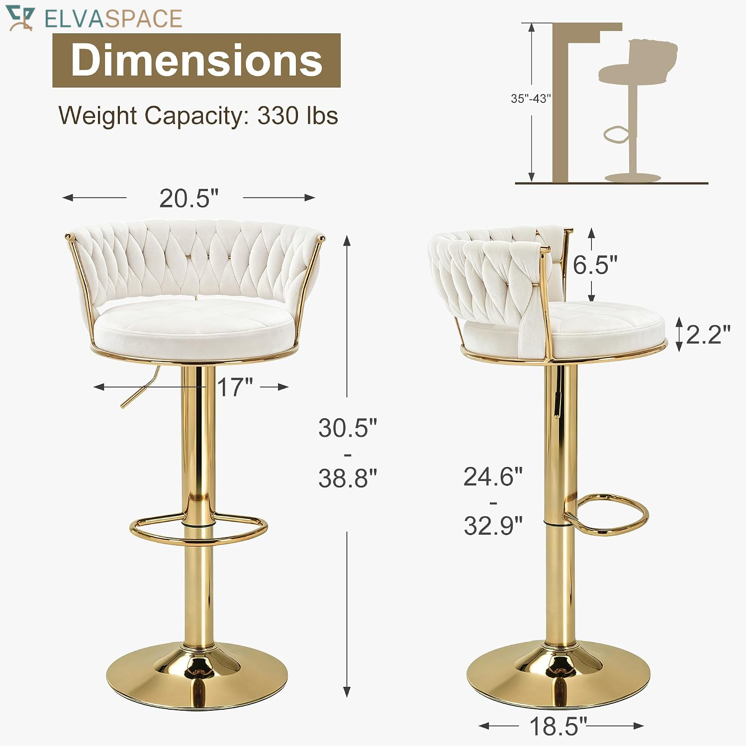 Bar Stools Set of 2, Adjustable Barstools Counter Height Stools with Back and Arm, Velvet Woven Kitchen Island Stools W/Gold Metal Leg & Base, 360° Swivel Bar Chair for Pubs Dining Room, White