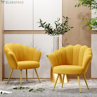 Mid Century Velvet Living Room Chair Set of 2 Accent Chairs, Upholstered Vanity Chair for Makeup Room, Modern Barrel Arm Guest Leisure Chair Comfy for Bedroom-Yellow